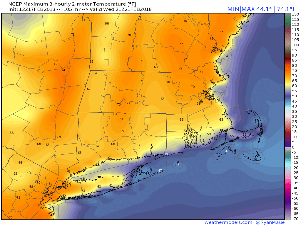 GFS 50-STATES USA Mass &amp; CT &amp; RI 2-m Maximum Temperature 105