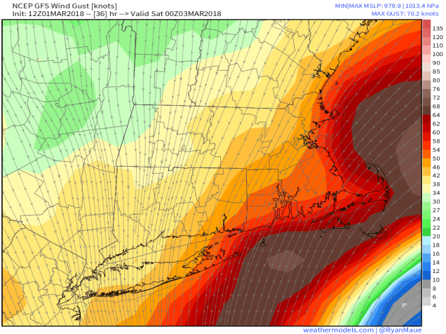 GFS 50-STATES USA Mass &amp; CT &amp; RI 10-m Wind Gust 36