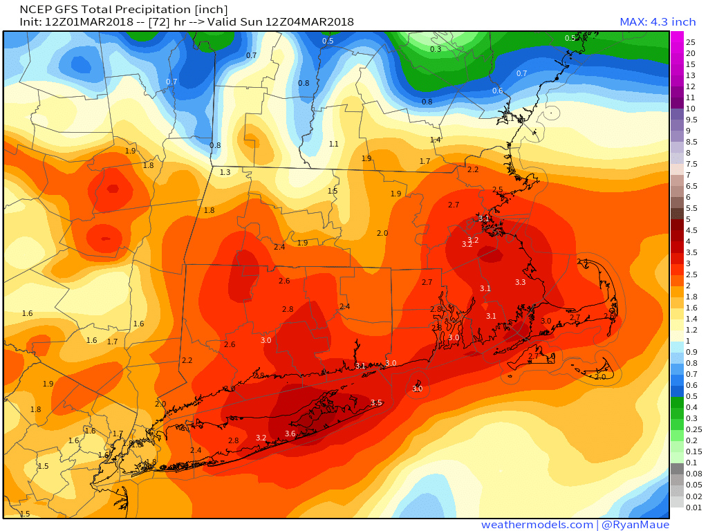 GFS 50-STATES USA Mass &amp; CT &amp; RI Total Precipitation 72