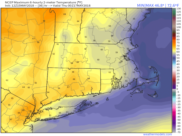 GFS 50-STATES USA Mass & CT & RI 2-m Maximum Temperature 36