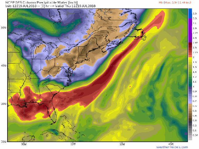 GFS Pressure Lev East Coast USA Precipitable Water