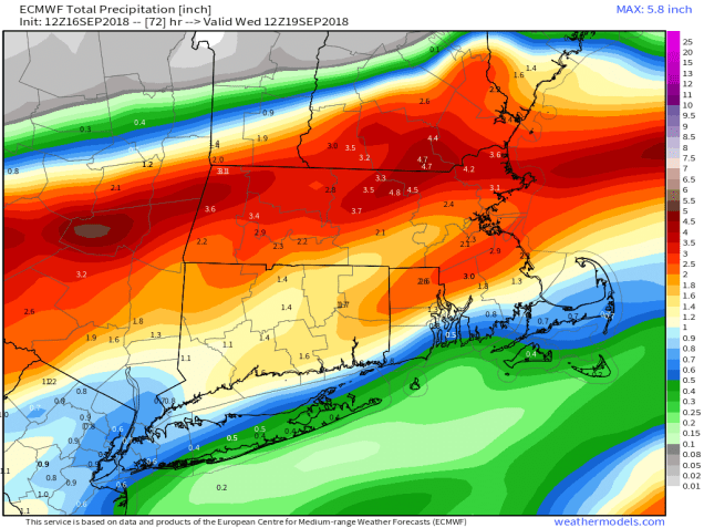 9-km ECMWF USA Cities Mass &amp; CT &amp; RI Total Precipitation 72