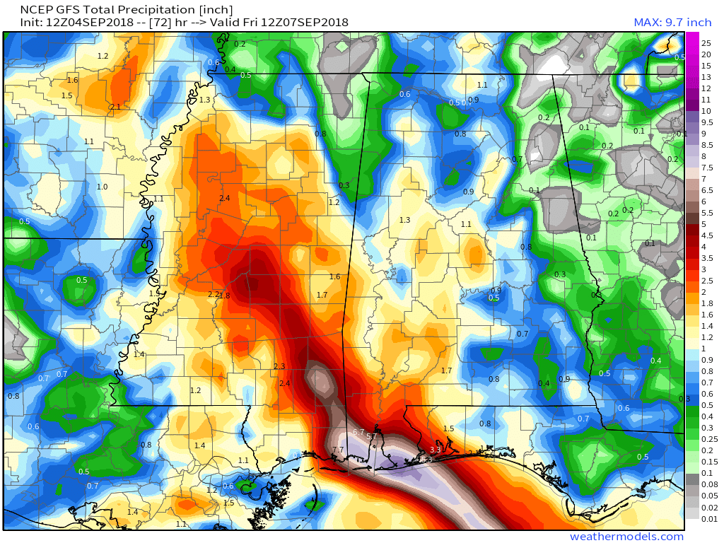 GFS 50-STATES USA Alabama &amp; Miss Total Precipitation 72
