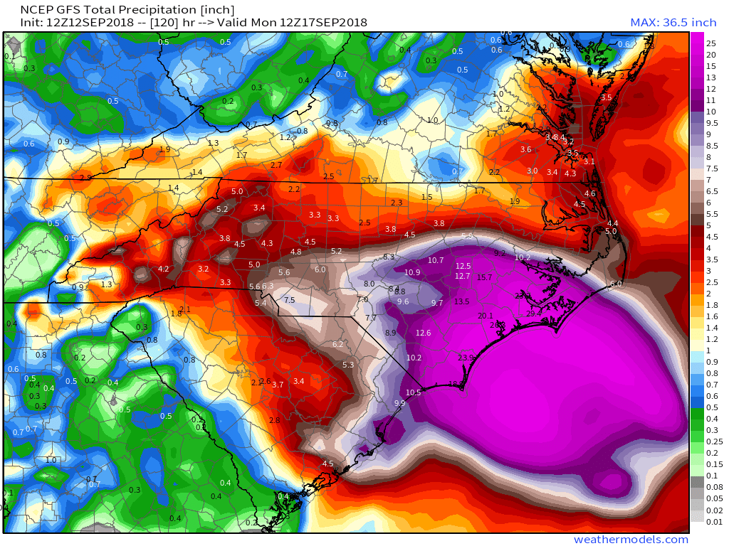 GFS 50-STATES USA North Carolina Total Precipitation 120