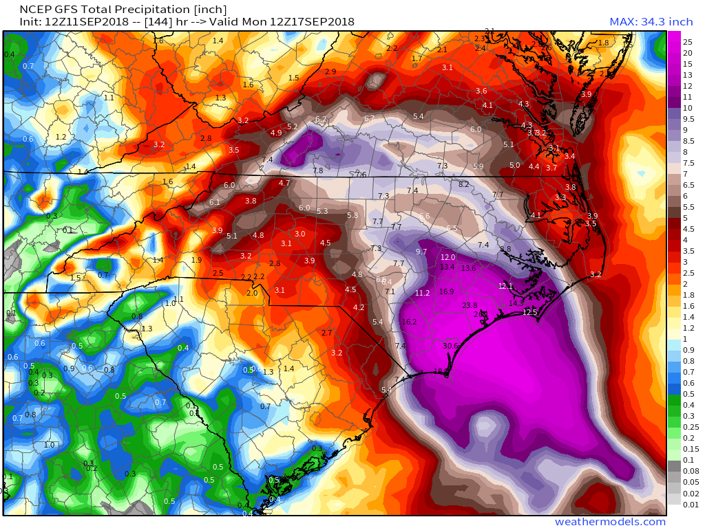 GFS 50-STATES USA North Carolina Total Precipitation 144