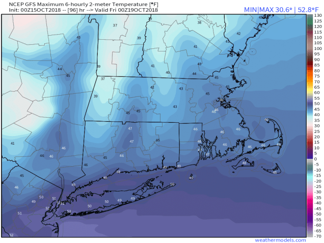 GFS 50-STATES USA Mass &amp; CT &amp; RI 2-m Maximum Temperature 96