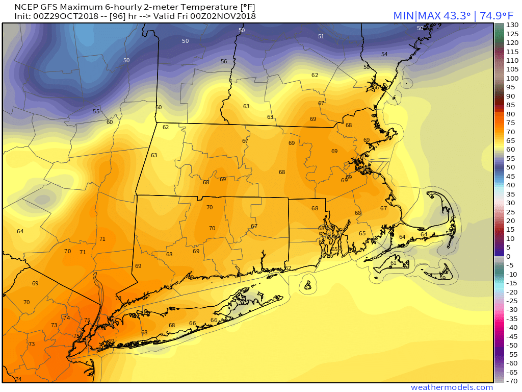 GFS 50-STATES USA Mass &amp; CT &amp; RI 2-m Maximum Temperature 96