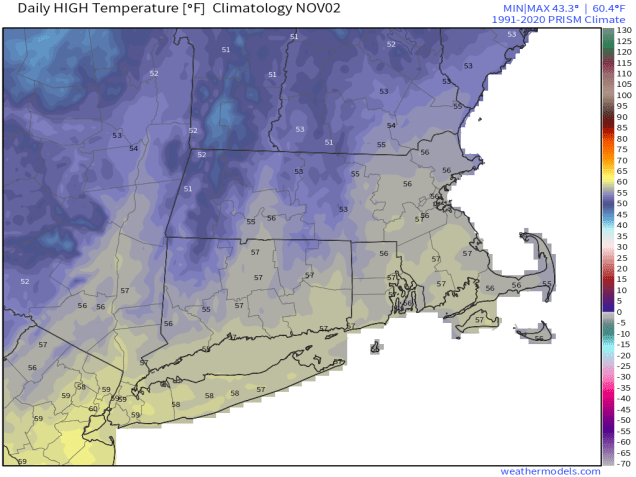 Average highs for early November are in the middle 50s. Image provided by weathermodels.com.