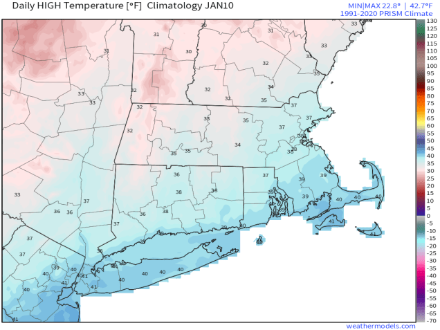 High temperatures should be in the mid-to-upper 30s at this time of year. Image provided by Weathermodels.com